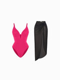 Popilush® Tummy Control Slimming Swimwear Set / Pink/Black / XS Shapewear Slimming One-Piece Swimsuit Mesh Coverup Set