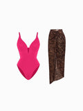 Popilush® Tummy Control Slimming Swimwear Set / Pink/Leopard / XS Shapewear Slimming One-Piece Swimsuit Mesh Coverup Set