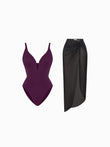Popilush® Tummy Control Slimming Swimwear Set / Purple/Black / XS Shapewear Slimming One-Piece Swimsuit Mesh Coverup Set