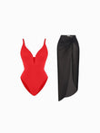 Popilush® Tummy Control Slimming Swimwear Set / Red/Black / XS Shapewear Slimming One-Piece Swimsuit Mesh Coverup Set