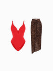 Popilush® Tummy Control Slimming Swimwear Set / Red/Leopard / XS Shapewear Slimming One-Piece Swimsuit Mesh Coverup Set