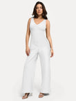 White sleeveless V-neck shapewear jumpsuit with slimming wide legs.