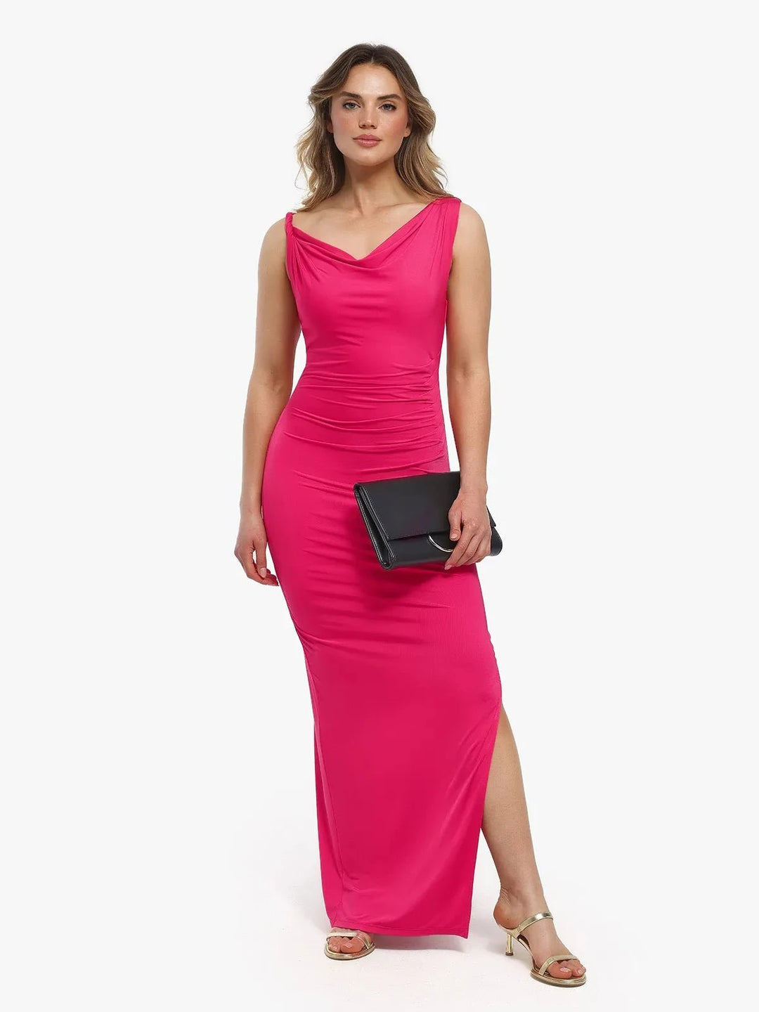 Popilush® Shapewear Solid Cowl Neck Ruched Sculpting Maxi Dress