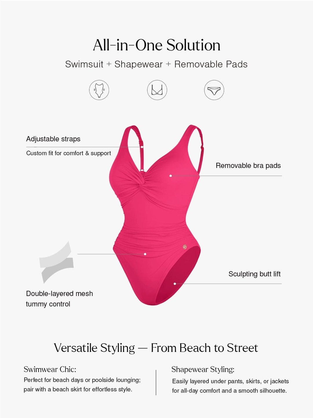 Popilush® Tummy Control One Piece Swimwear Shapewear Solid Sculpting One-Piece Swimsuit