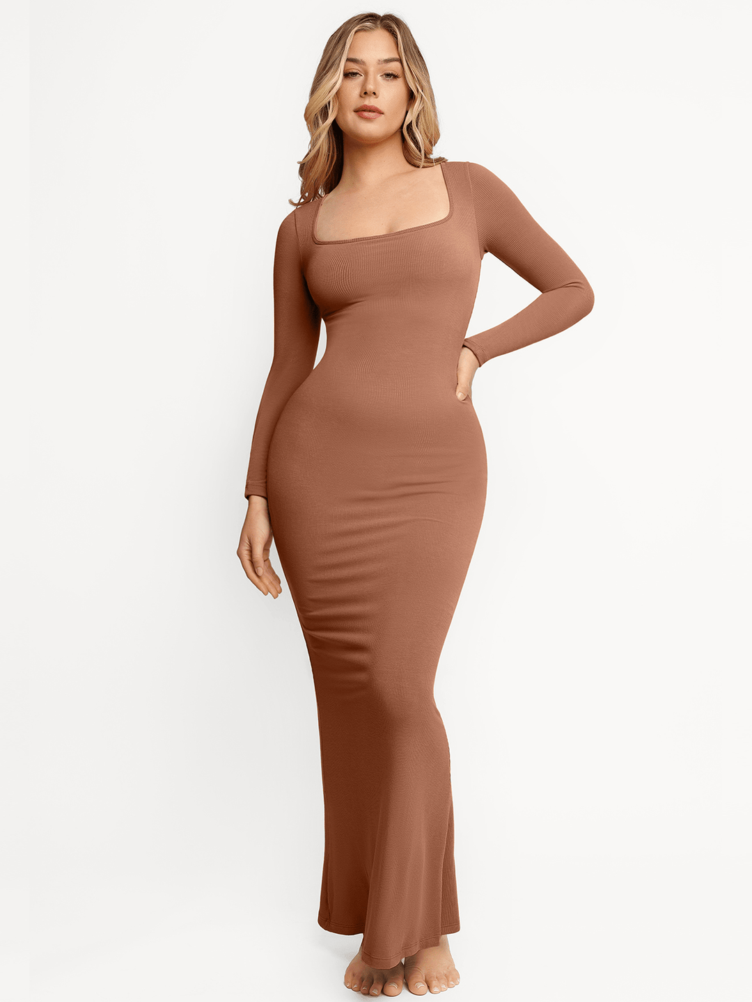 Popilush® Bodycon Party Cocktail Loungewear Winter Brown / XS Shapewear Square Neck Long Sleeve Slimming Modal Maxi Dress