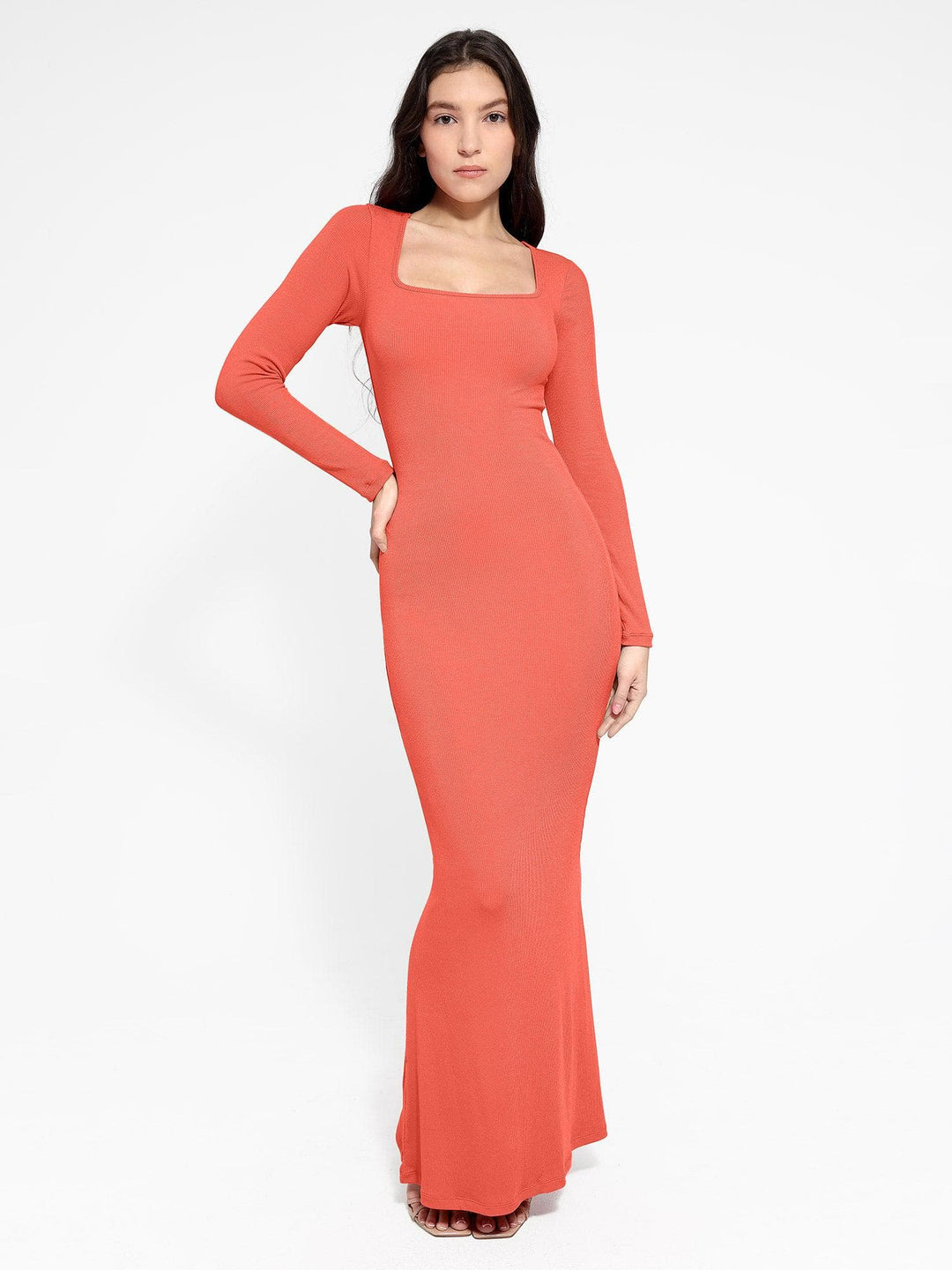 Popilush® Bodycon Party Cocktail Loungewear Winter Coral / XS Shapewear Square Neck Long Sleeve Slimming Modal Maxi Dress