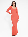 Popilush® Bodycon Party Cocktail Loungewear Winter Coral / XS Shapewear Square Neck Long Sleeve Slimming Modal Maxi Dress