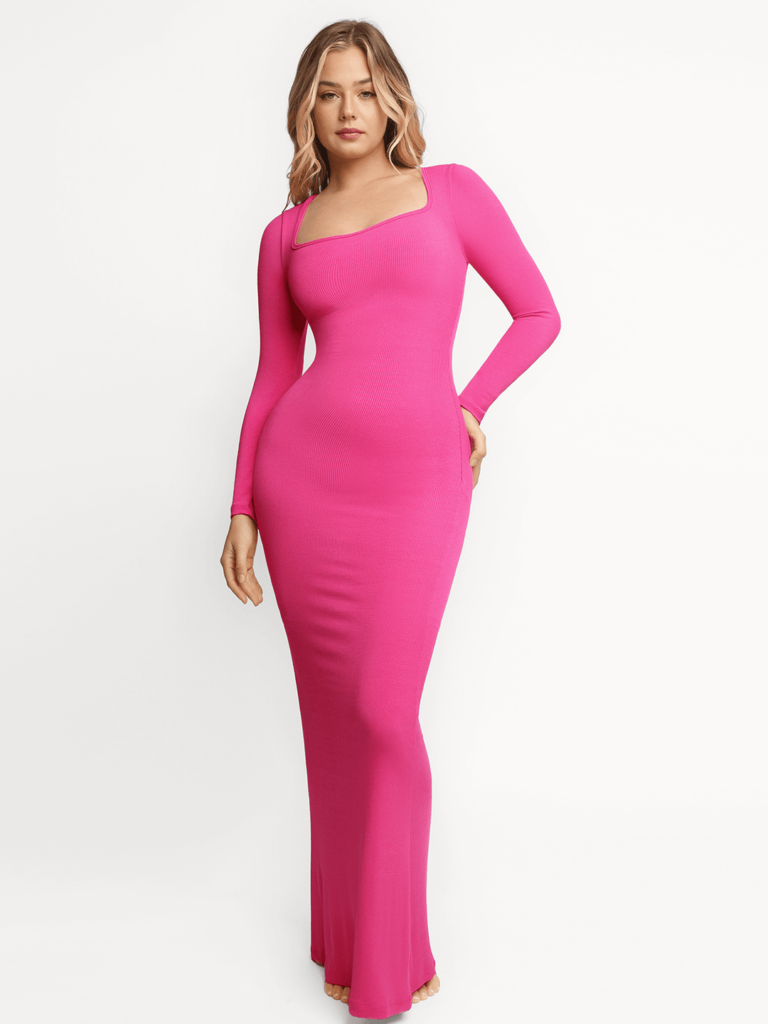 popilush long sleeve dress Shapewear Square Neck Long Sleeve Slimming Modal Maxi Dress Popilush