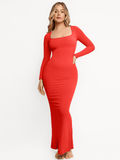 Popilush® Bodycon Party Cocktail Loungewear Winter Red / XS Shapewear Square Neck Long Sleeve Slimming Modal Maxi Dress