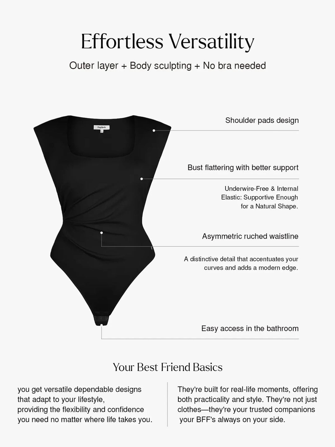 Popilush® Tops Body Shaper Work Office Lady Shapewear Square Neck Padded Shoulder Slimming Bodysuit