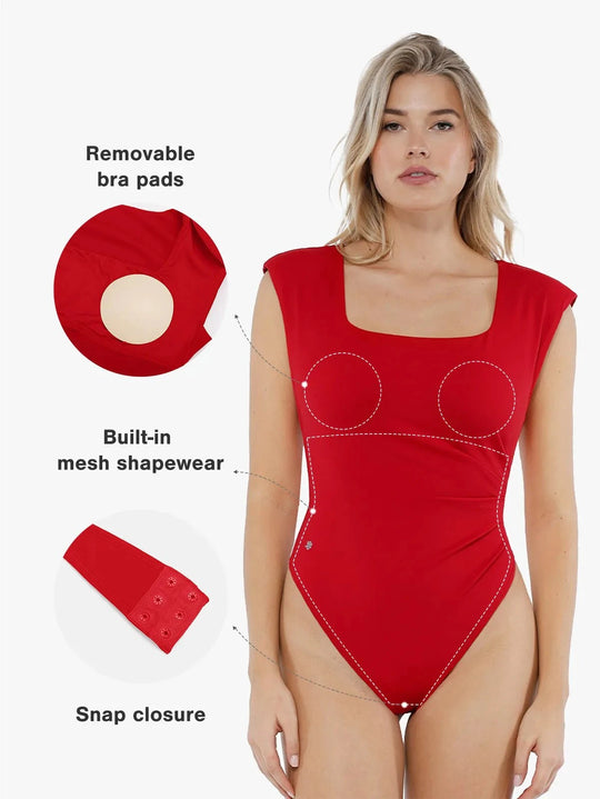 Popilush® Tops Body Shaper Work Office Lady Shapewear Square Neck Padded Shoulder Slimming Bodysuit