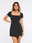 Black square neck sculpting A-line mini dress with contour seams and wrap skirt.