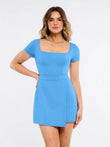 Blue square neck A-line mini dress with short sleeves and wrap skirt detail.