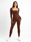 Brown seamless long sleeve square neck shapewear jumpsuit with thumbholes