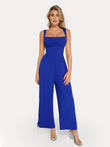 Blue square neck tummy control wide leg jumpsuit with adjustable ruched legs