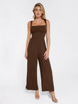 Brown square neck tummy control wide leg jumpsuit with drawstring.