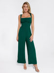 Green square neck tummy control wide leg jumpsuit with adjustable ruched legs and built-in bra.