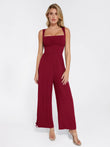 Shapewear square neck tummy control wide leg jumpsuit in a rich burgundy color.