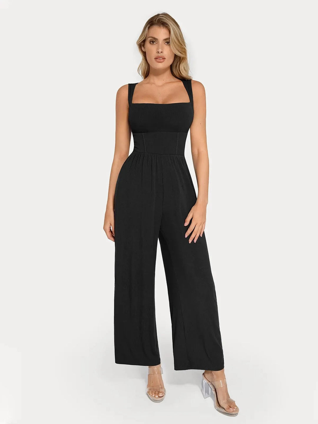 Popilush® Casual Slimming Jumpsuit Fashion Non-Drawstring Version / Black / S Shapewear Square Neck Tummy Control Wide Leg Jumpsuit