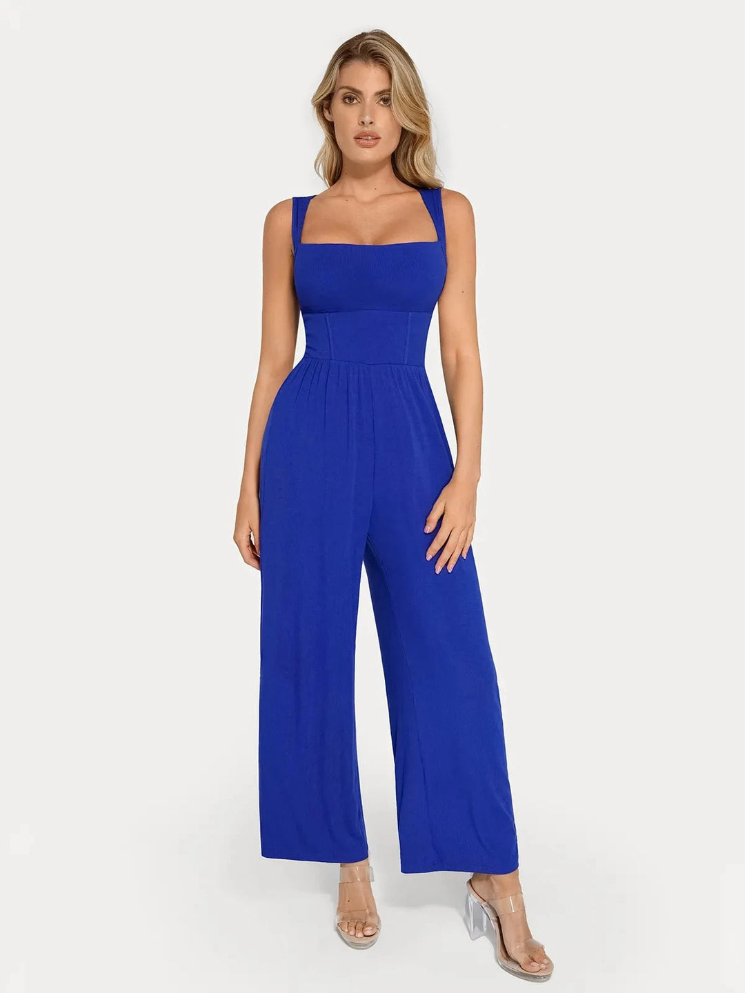 Popilush® Casual Slimming Jumpsuit Fashion Non-Drawstring Version / Blue / S Shapewear Square Neck Tummy Control Wide Leg Jumpsuit
