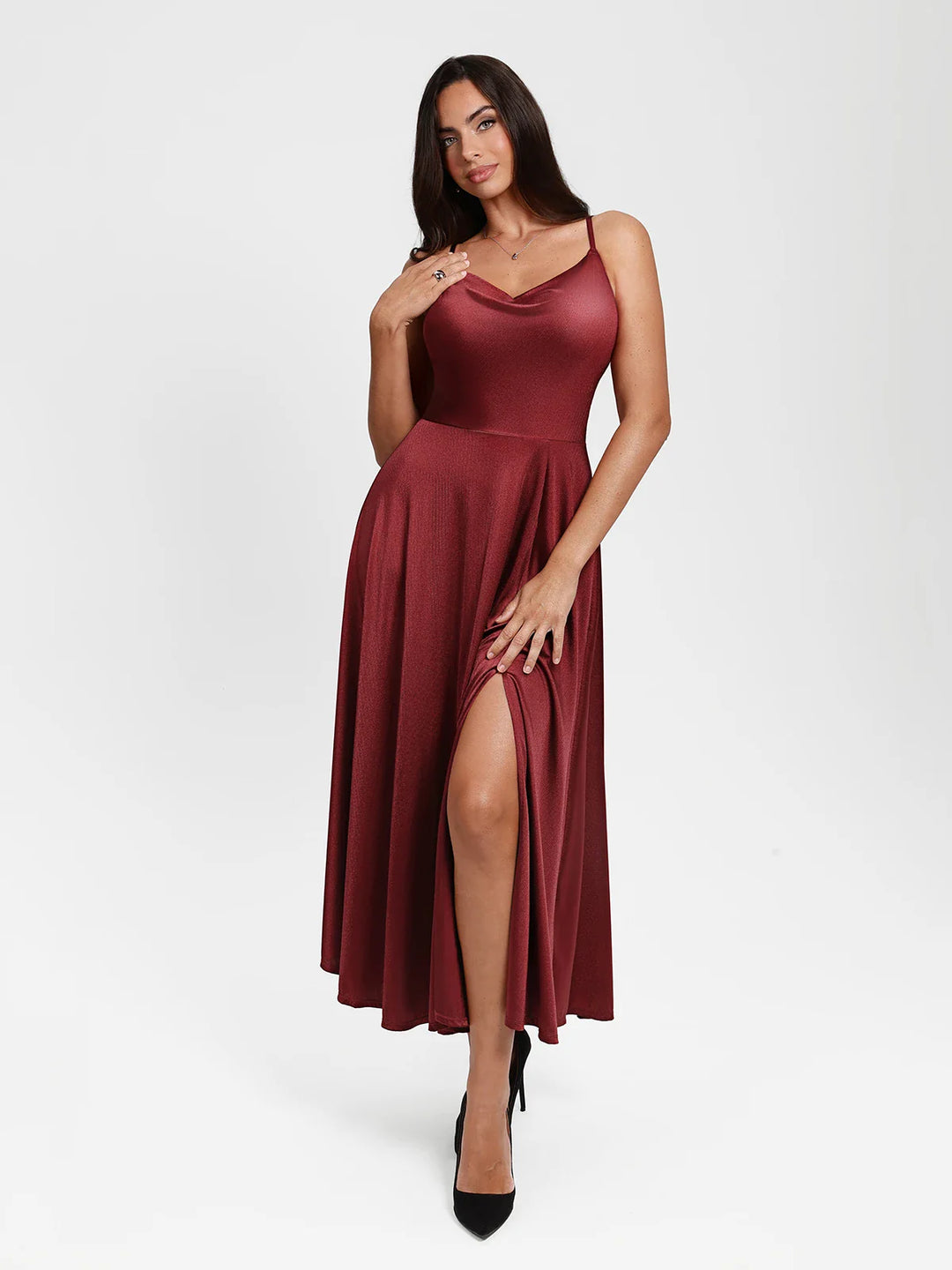 Popilush® Shapewear Strappy Cowl Neck Fit & Flare Maxi Dress
