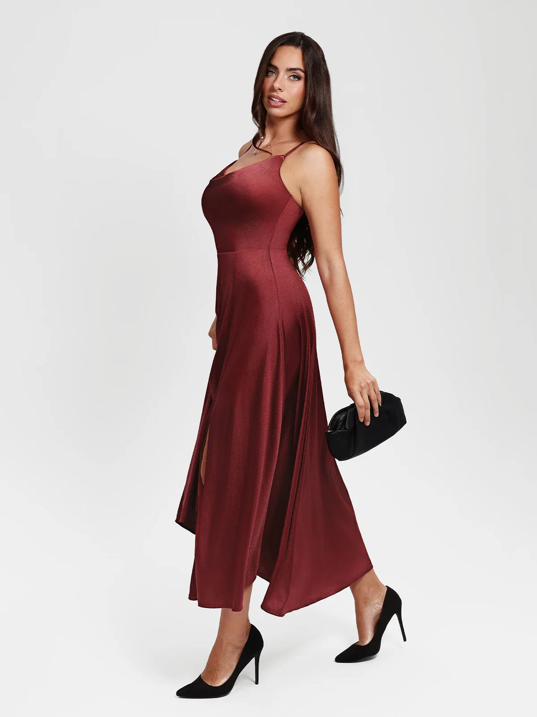 Popilush® Shapewear Strappy Cowl Neck Fit & Flare Maxi Dress