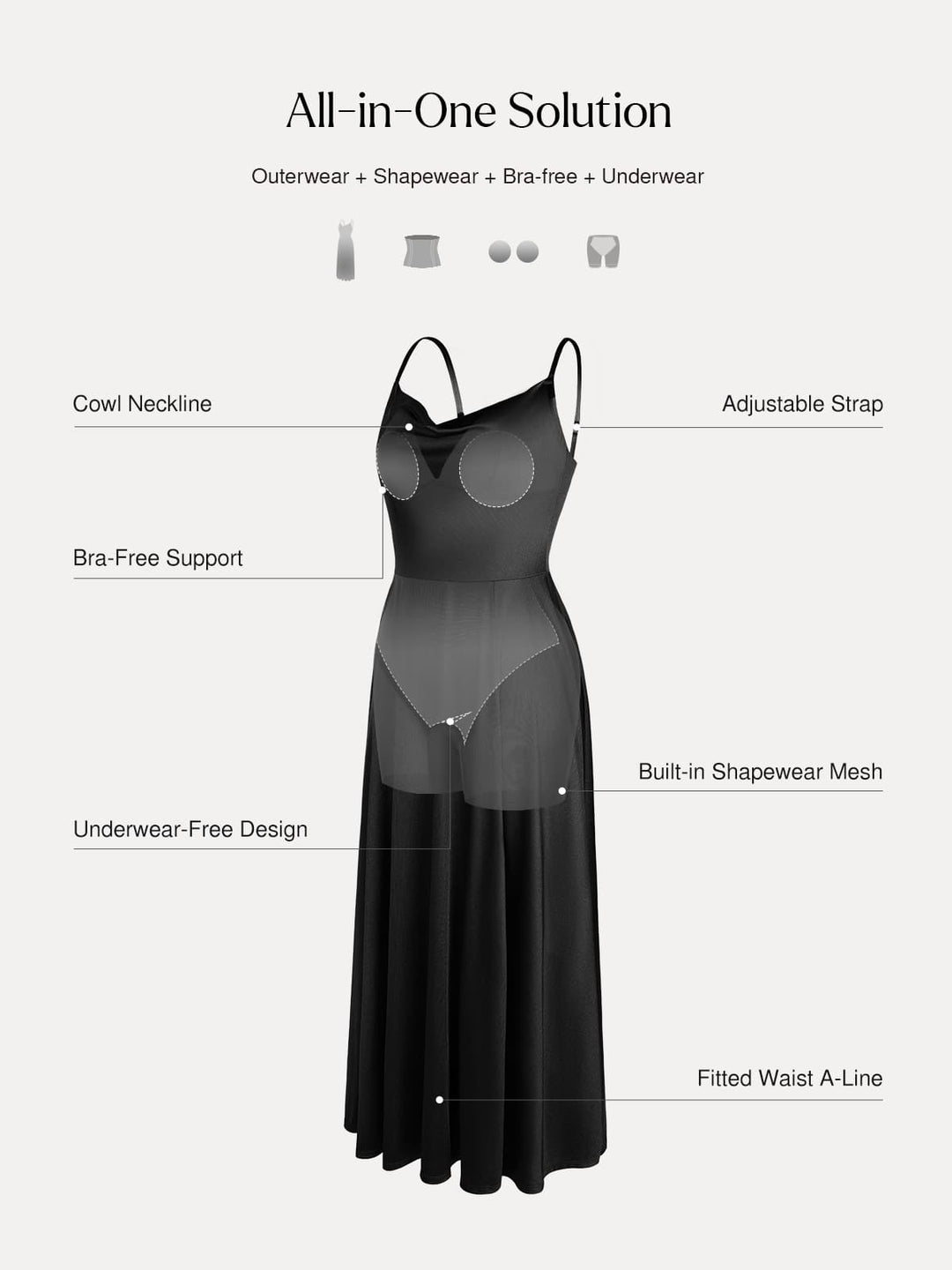Popilush® Shapewear Strappy Cowl Neck Fit & Flare Maxi Dress