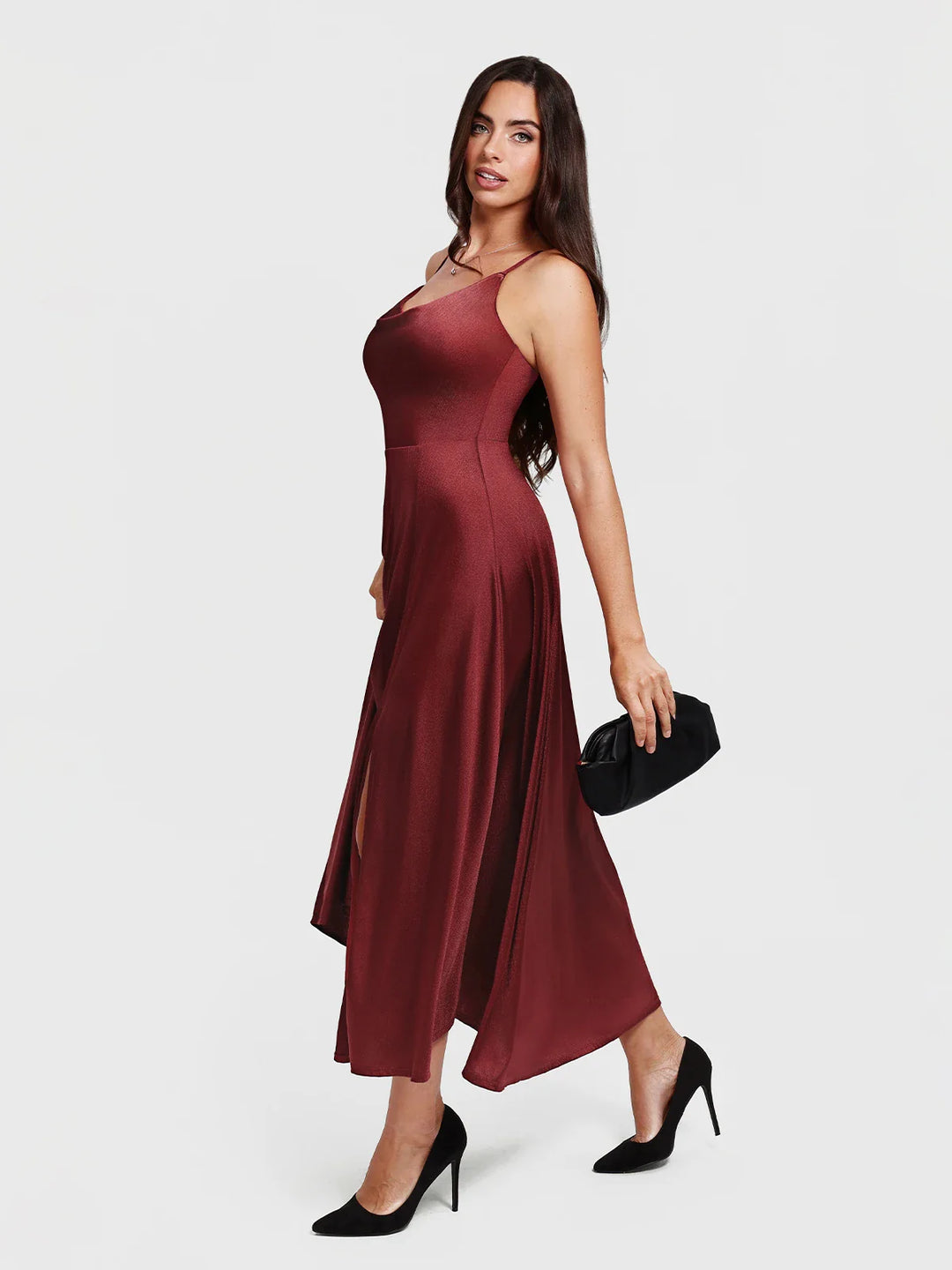 Popilush® Shapewear Strappy Cowl Neck Fit & Flare Maxi Dress