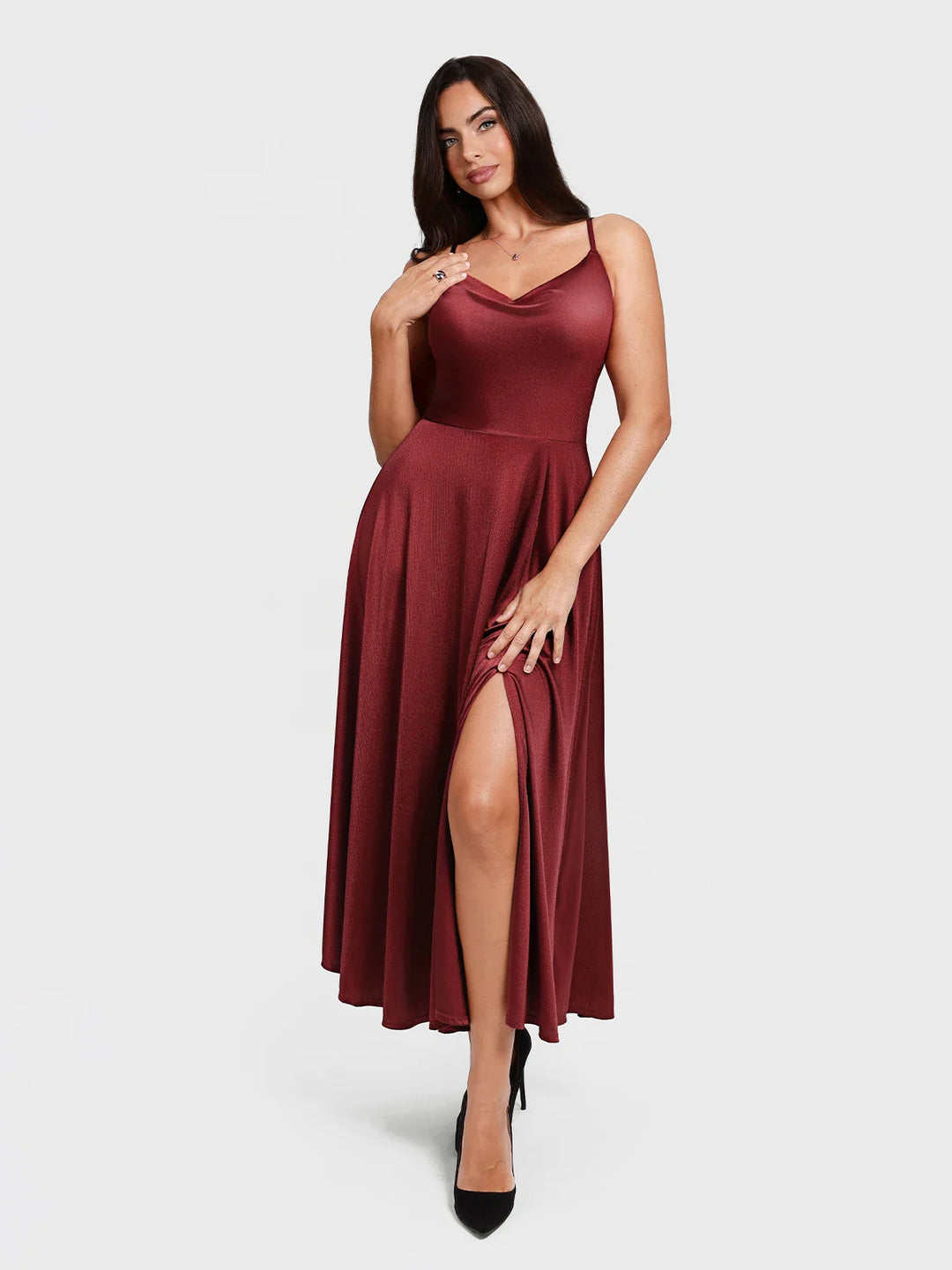 Popilush® Shapewear Strappy Cowl Neck Fit & Flare Maxi Dress
