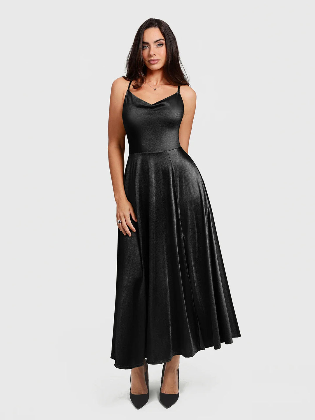 Popilush® Black / XS Shapewear Strappy Cowl Neck Fit & Flare Maxi Dress