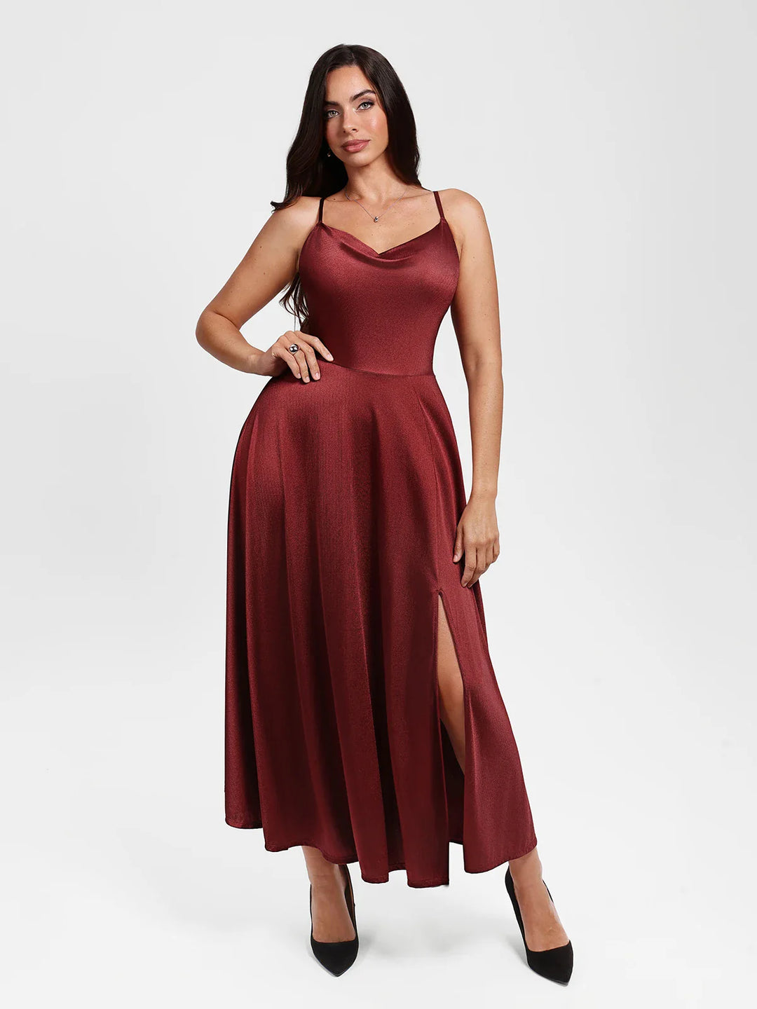 Popilush® Red / XS Shapewear Strappy Cowl Neck Fit & Flare Maxi Dress