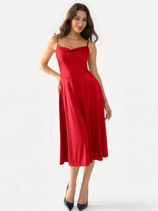 Popilush® Midi Dress / Red / XS Shapewear Strappy Cowl Neck Tummy Control Flare Dress