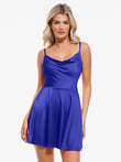 Blue strappy cowl neck flare dress with tummy control and A-line skirt.