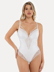 White strappy shapewear bodysuit with intricate lace inset detail and tummy control.