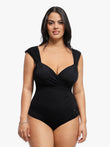 Black sweetheart neckline cap sleeve shapewear bodysuit with ruching and full coverage bottom.