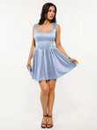 Light blue sweetheart neckline fit & flare mini dress with a curved waistline and flowing skirt.
