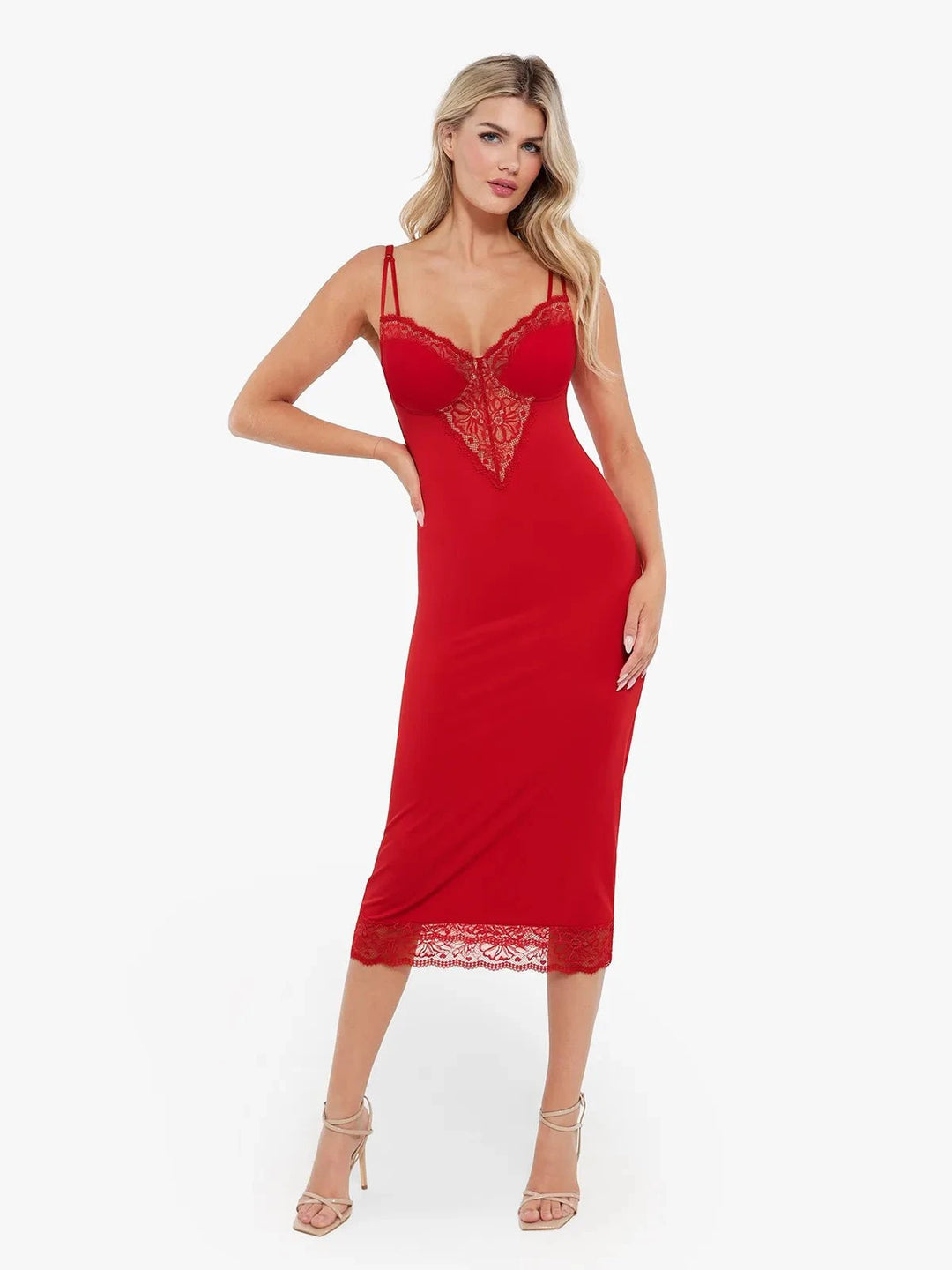 Popilush® Red / XS Shapewear Tummy Control Lace Inset Midi Dress