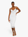 White midi slip dress with lace inset, tummy control, and adjustable straps.