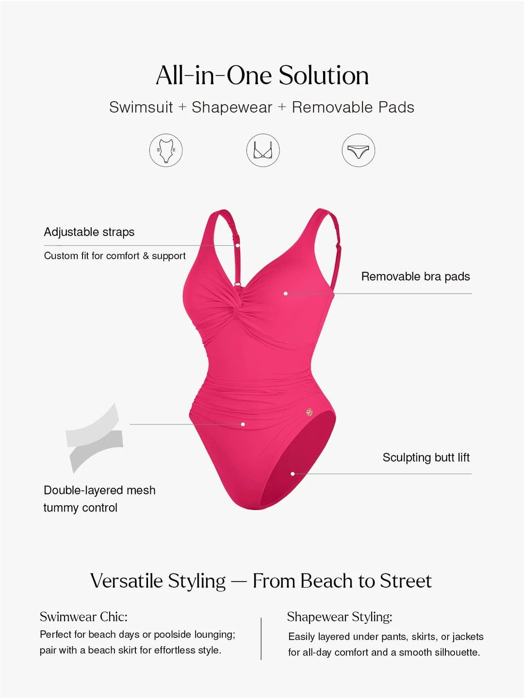Popilush® Tummy Control One Piece Swimwear Shapewear Twist Front Ruched Sculpting Swimsuit