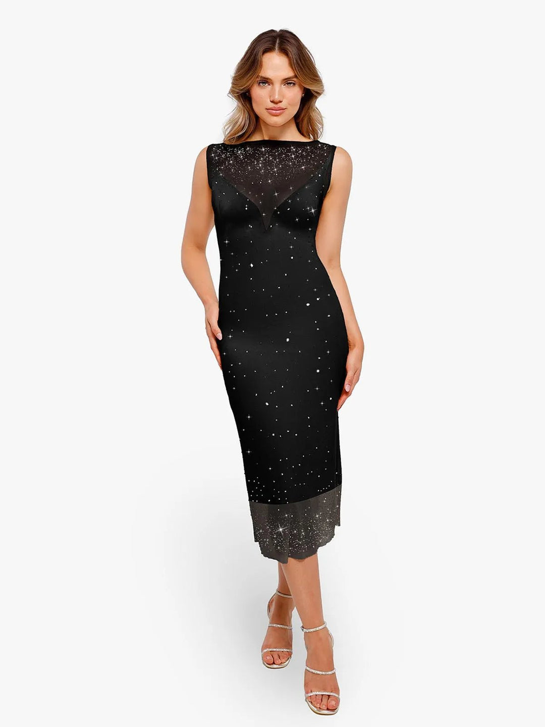two in one midi dress Popilush Shapewear Two-in-One Crystal Mesh Slim Midi Dress in White NWT