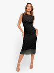 Shapewear midi dress in black with crystal mesh top and scattered heat-set rhinestones.