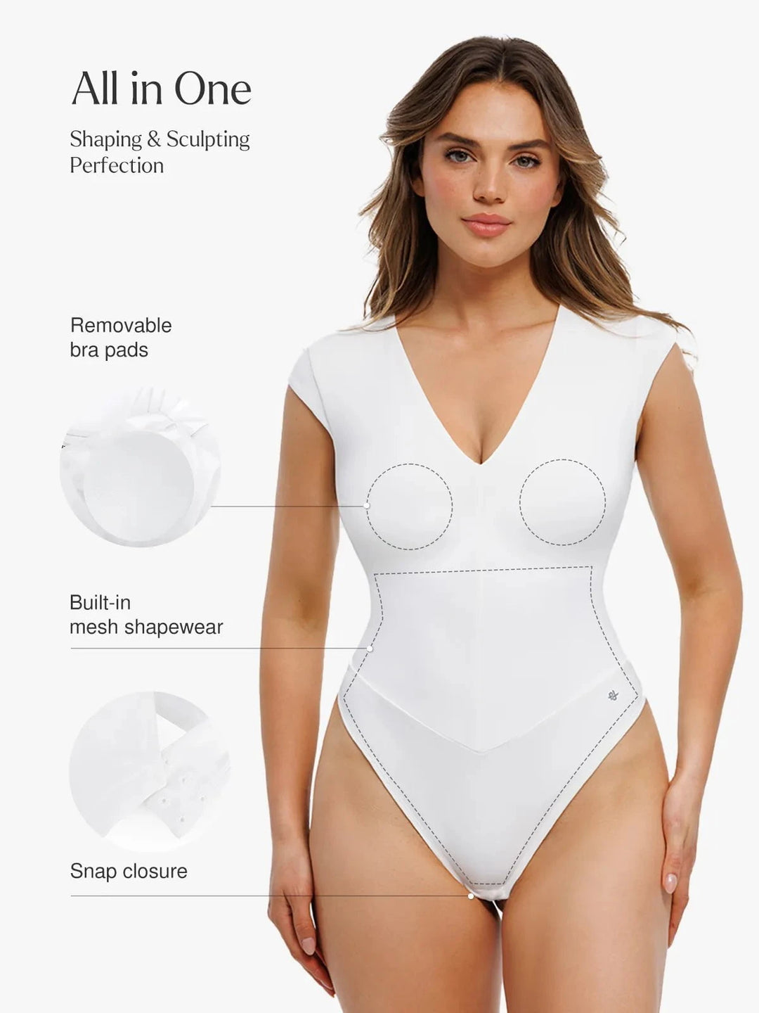 Popilush® Shapewear V Neck Cap Sleeve Tummy Control  Bodysuit