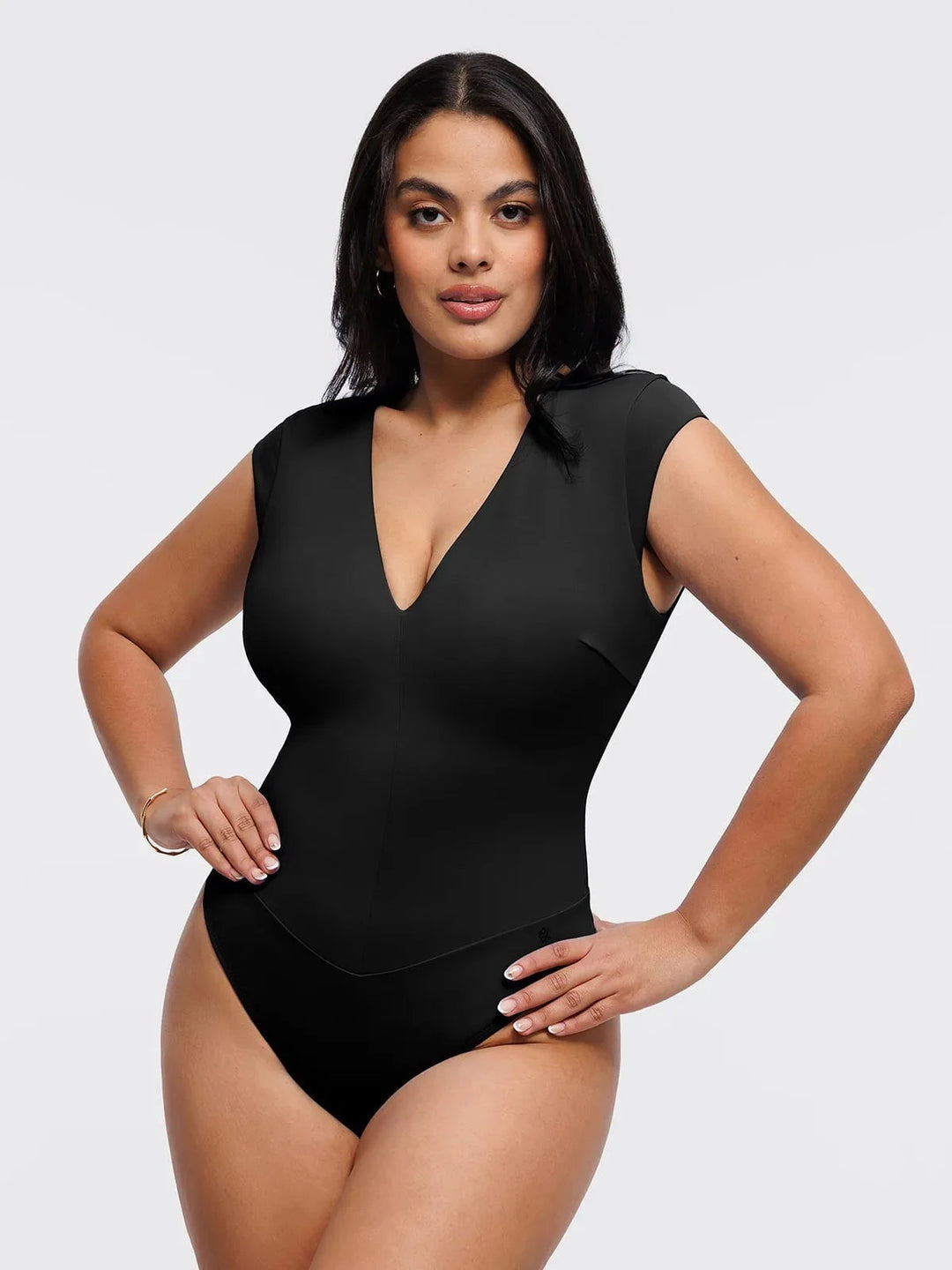 Popilush® Black / XS Shapewear V Neck Cap Sleeve Tummy Control  Bodysuit