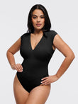 Black V-neck cap sleeve shapewear bodysuit with tummy control and smooth lines.