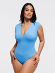 Blue V-neck cap sleeve shapewear bodysuit with tummy control