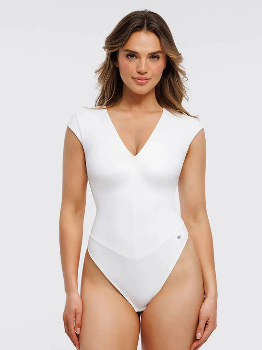 Popilush® White / XS Shapewear V Neck Cap Sleeve Tummy Control  Bodysuit