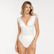 White V-neck lace bodysuit, sculpting shapewear with tummy control.