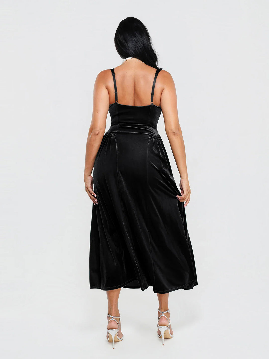 Popilush® Shapewear Velvet Rhinestone Pocket A-Line Maxi Dress