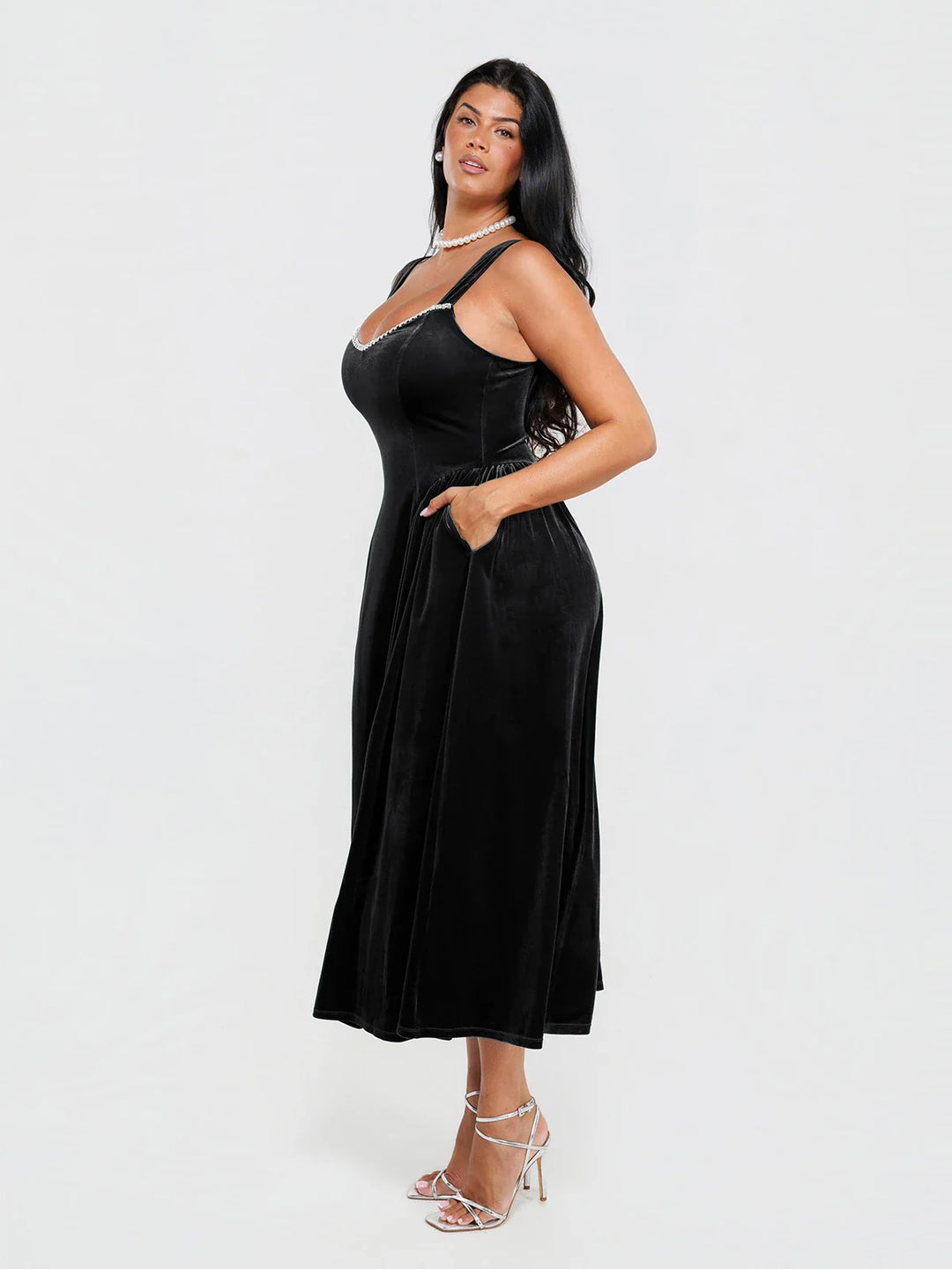 Popilush® Shapewear Velvet Rhinestone Pocket A-Line Maxi Dress
