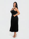 Popilush® Shapewear Velvet Rhinestone Pocket A-Line Maxi Dress